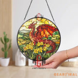 Red Dragon Stained Glass Suncatcher Fantasy Window Hanging Floral Dragon Glass Panel Daffodil Field Decor Mythical