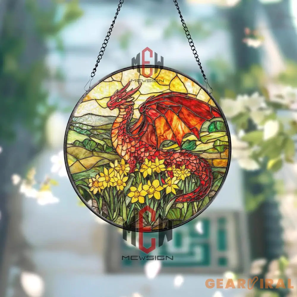 Red Dragon Stained Glass Suncatcher Fantasy Window Hanging Floral Dragon Glass Panel Daffodil Field Decor Mythical