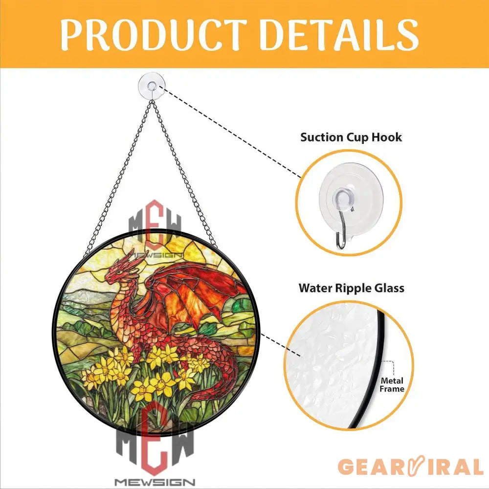 Red Dragon Stained Glass Suncatcher Fantasy Window Hanging Floral Dragon Glass Panel Daffodil Field Decor Mythical