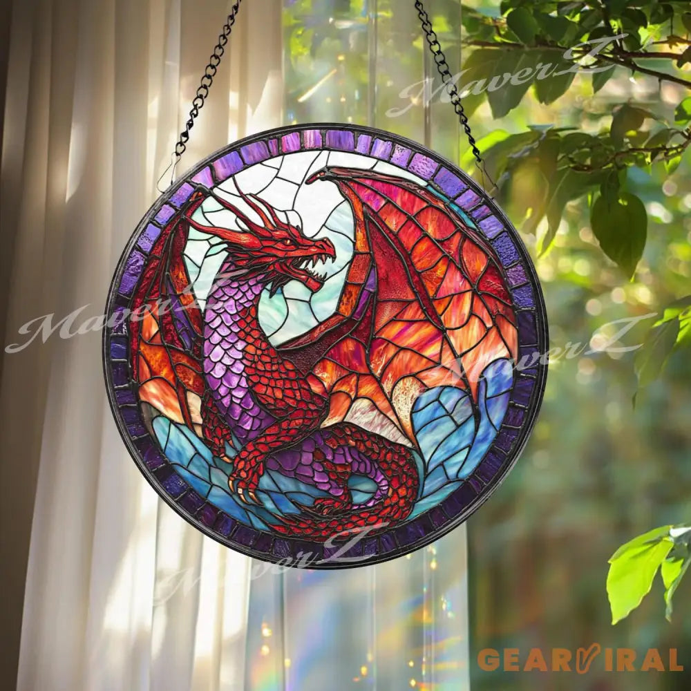 Red Dragon Stained Glass Suncatcher Fantasy Dragon Window Hanging Purple Winged Dragon Art Panel Gothic Mythical