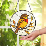 Robin Stained Glass Suncatcher Autumn Bird Window Hanging Round Glass Panel with Fall Leaves Gift for Nature & Bird