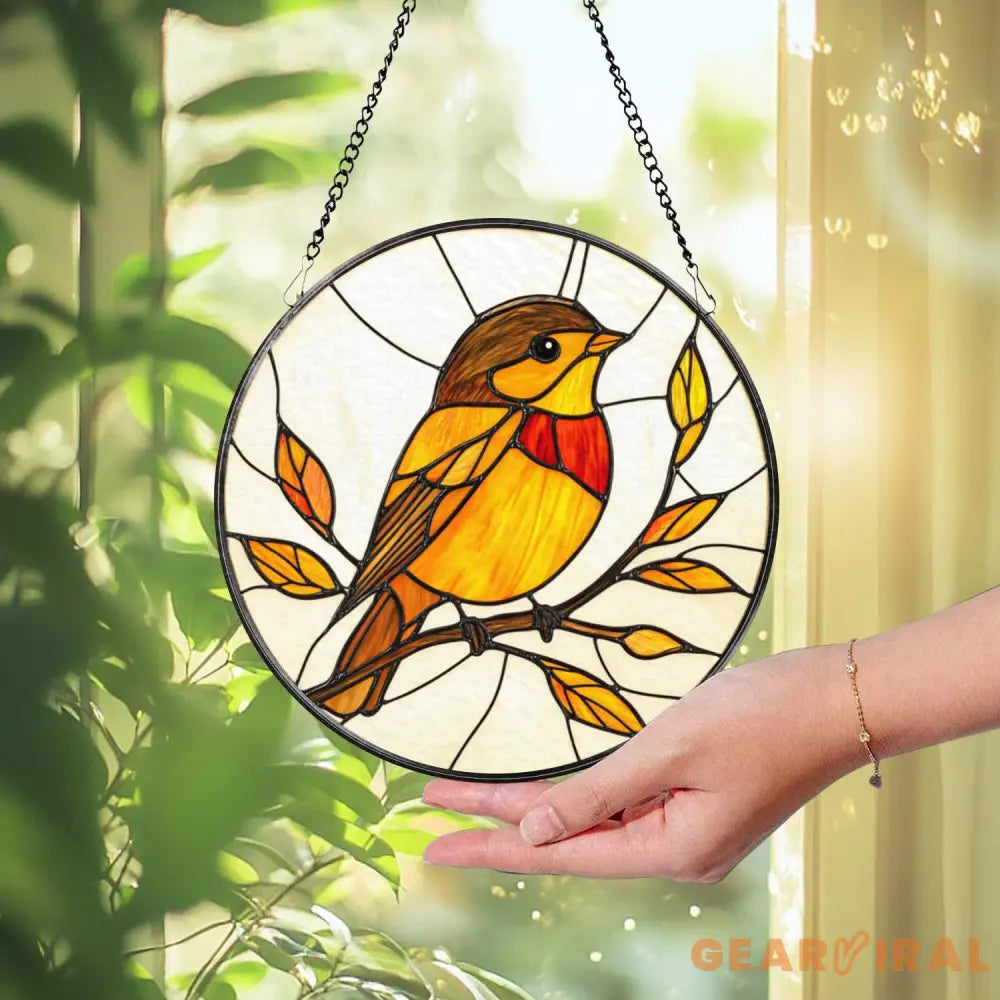 Robin Stained Glass Suncatcher Autumn Bird Window Hanging Round Glass Panel with Fall Leaves Gift for Nature & Bird