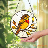Robin Stained Glass Suncatcher Autumn Bird Window Hanging Round Glass Panel with Fall Leaves Gift for Nature & Bird
