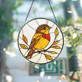 Robin Stained Glass Suncatcher Autumn Bird Window Hanging Round Glass Panel with Fall Leaves Gift for Nature & Bird