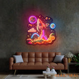 Rocket Launching Into Galaxy LED Neon Sign Light Pop Art