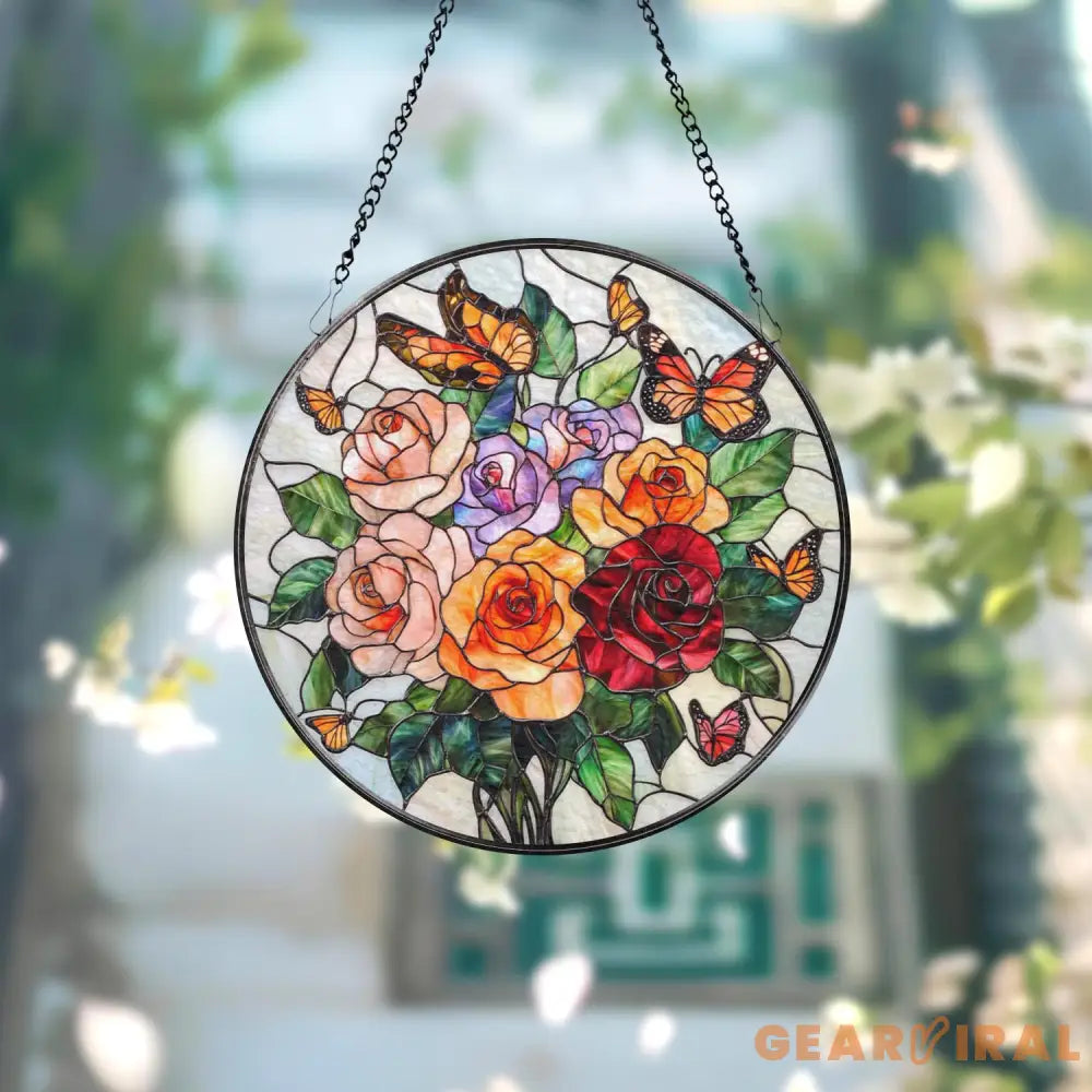 Rose Bouquet and Butterfly Stained Glass Suncatcher Colorful Floral Window Hanging Romantic Glass Art Gift for Garden