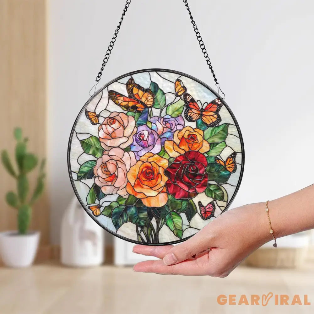 Rose Bouquet and Butterfly Stained Glass Suncatcher Colorful Floral Window Hanging Romantic Glass Art Gift for Garden