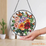 Rose Bouquet and Butterfly Stained Glass Suncatcher Colorful Floral Window Hanging Romantic Glass Art Gift for Garden