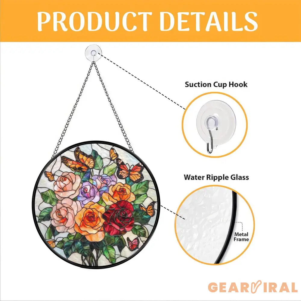 Rose Bouquet and Butterfly Stained Glass Suncatcher Colorful Floral Window Hanging Romantic Glass Art Gift for Garden