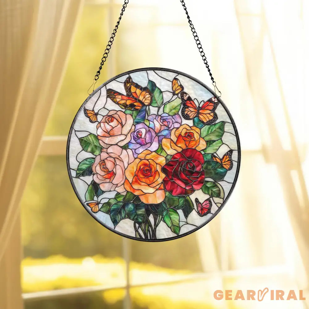 Rose Bouquet and Butterfly Stained Glass Suncatcher Colorful Floral Window Hanging Romantic Glass Art Gift for Garden