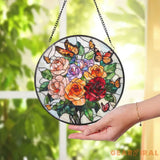 Rose Bouquet and Butterfly Stained Glass Suncatcher Colorful Floral Window Hanging Romantic Glass Art Gift for Garden