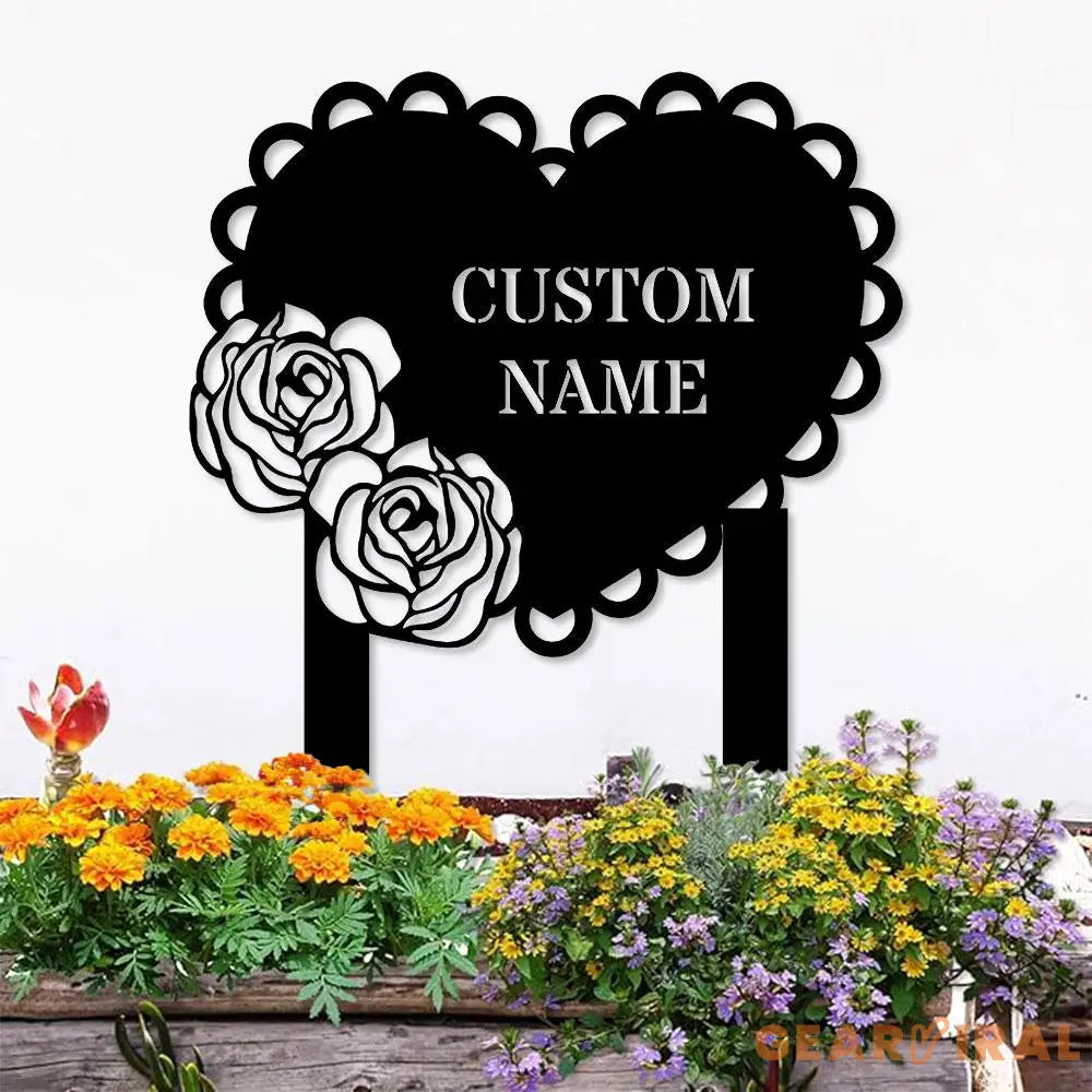 Rose Heart Garden Sign Rose Metal Stake Personalized Name Yard Sign Outdoor Door Garden Decor Metal Sign Garden Lovers