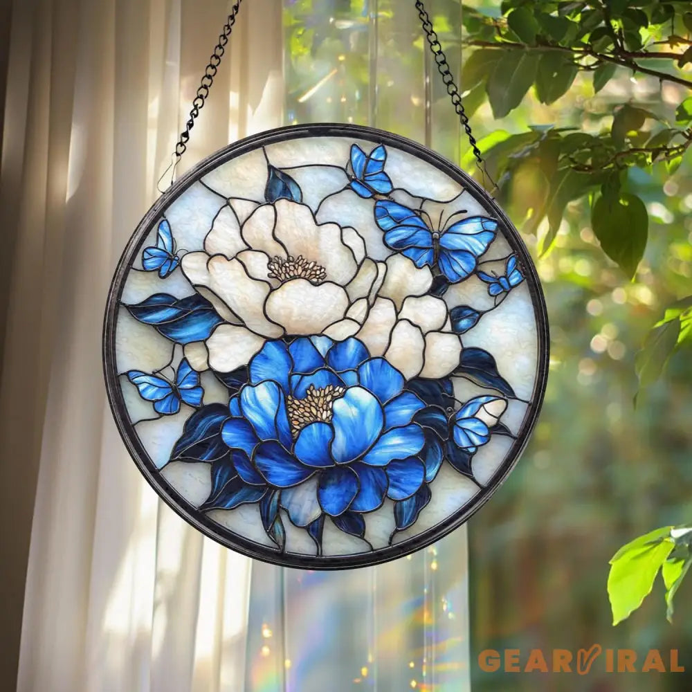 Royal Blue Peony Glass Suncatcher Birth Month Flower Decor Window Hanging Handmade Gift Floral Art Gardening Lover Gift