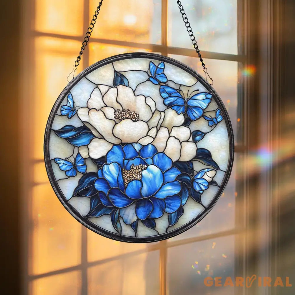 Royal Blue Peony Glass Suncatcher Birth Month Flower Decor Window Hanging Handmade Gift Floral Art Gardening Lover Gift