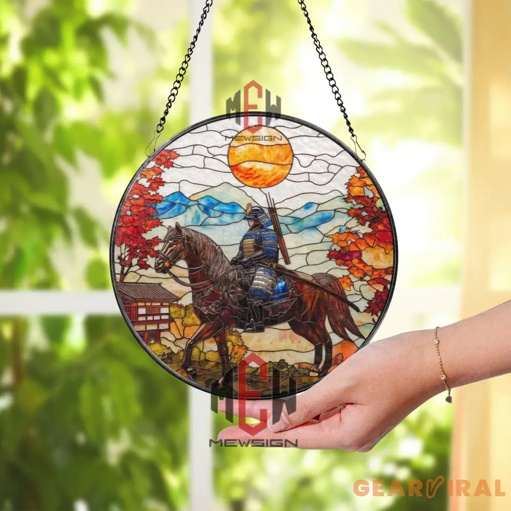 Samurai on Horse Stained Glass Suncatcher Japanese Warrior Window Art Autumn Mountain Scene Bushido Decor Zen Gift for