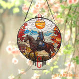Samurai on Horse Stained Glass Suncatcher Japanese Warrior Window Art Autumn Mountain Scene Bushido Decor Zen Gift for