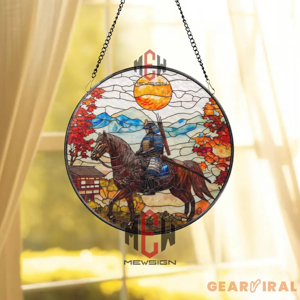 Samurai on Horse Stained Glass Suncatcher Japanese Warrior Window Art Autumn Mountain Scene Bushido Decor Zen Gift for