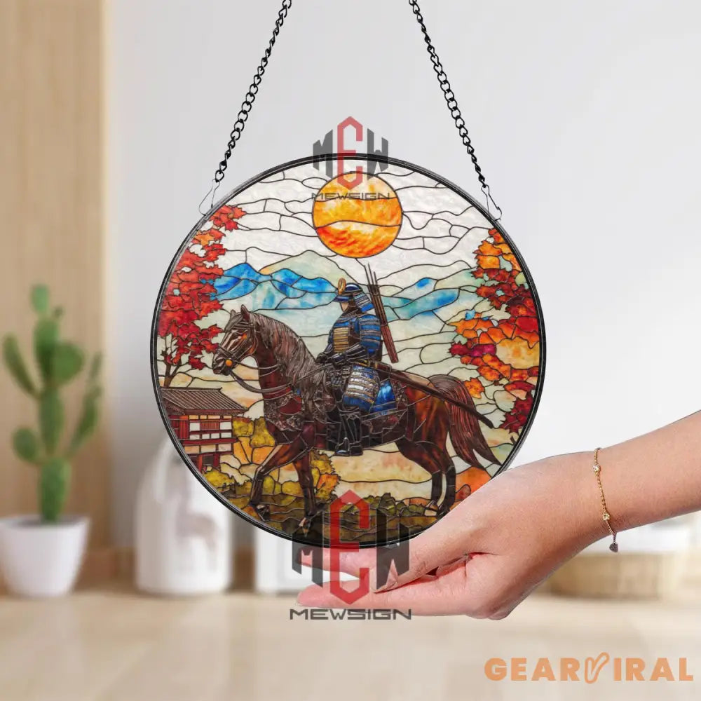Samurai on Horse Stained Glass Suncatcher Japanese Warrior Window Art Autumn Mountain Scene Bushido Decor Zen Gift for