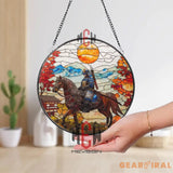 Samurai on Horse Stained Glass Suncatcher Japanese Warrior Window Art Autumn Mountain Scene Bushido Decor Zen Gift for