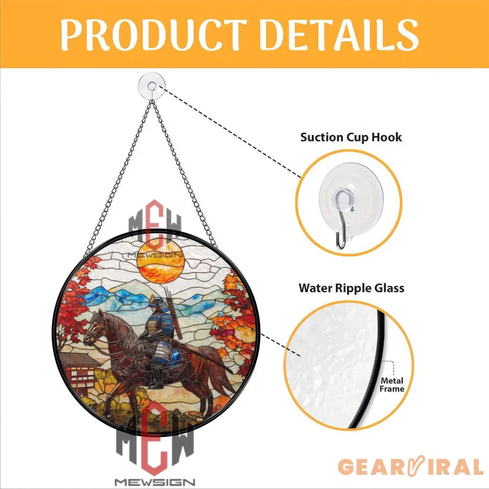 Samurai on Horse Stained Glass Suncatcher Japanese Warrior Window Art Autumn Mountain Scene Bushido Decor Zen Gift for