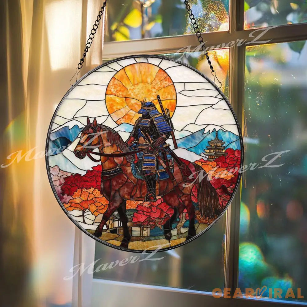 Samurai on Horseback Stained Glass Suncatcher Autumn Japanese Warrior Art Sunset Mountain Window Decor Zen Home Gift
