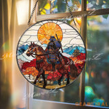 Samurai on Horseback Stained Glass Suncatcher Autumn Japanese Warrior Art Sunset Mountain Window Decor Zen Home Gift