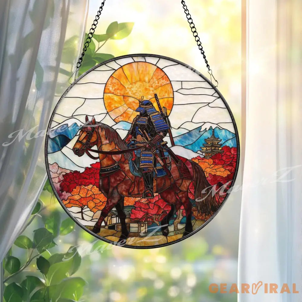 Samurai on Horseback Stained Glass Suncatcher Autumn Japanese Warrior Art Sunset Mountain Window Decor Zen Home Gift