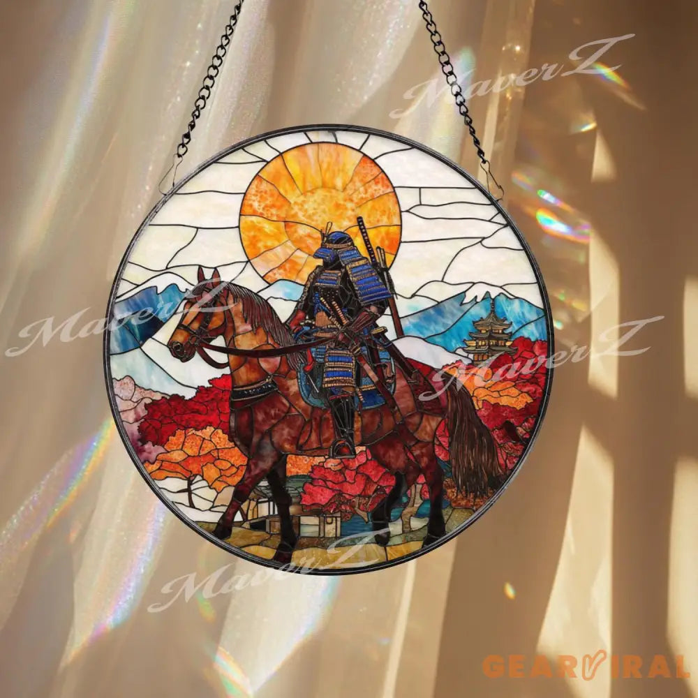 Samurai on Horseback Stained Glass Suncatcher Autumn Japanese Warrior Art Sunset Mountain Window Decor Zen Home Gift