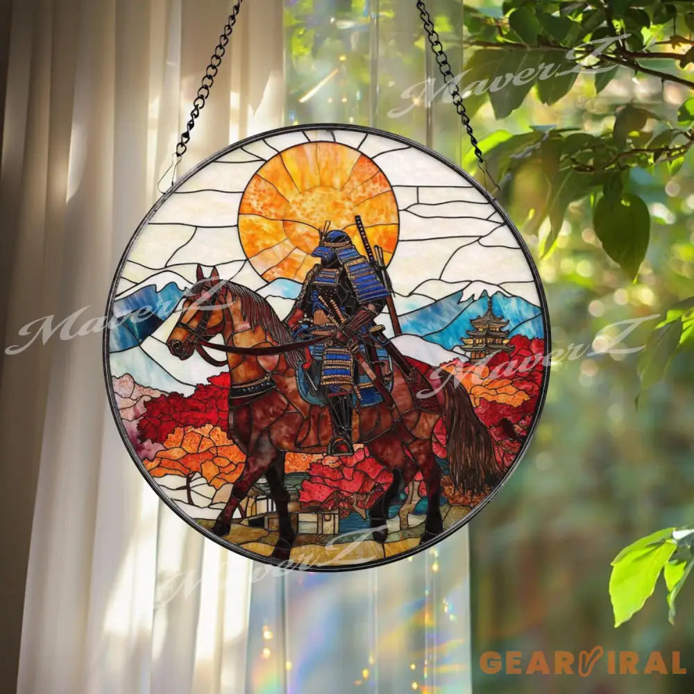 Samurai on Horseback Stained Glass Suncatcher Autumn Japanese Warrior Art Sunset Mountain Window Decor Zen Home Gift