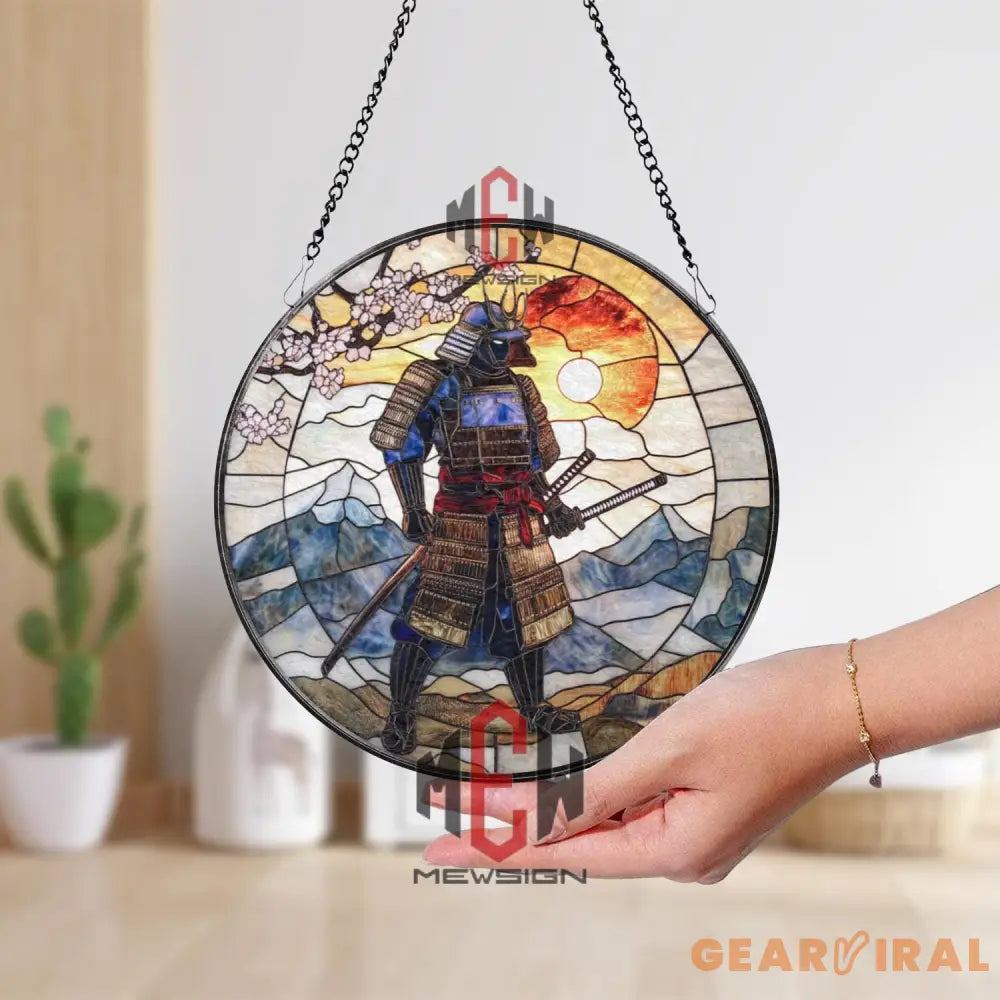 Samurai Stained Glass Suncatcher Japanese Warrior Window Hanging Katana Art Glass Panel Cherry Blossom Decor Zen Gift