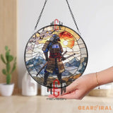 Samurai Stained Glass Suncatcher Japanese Warrior Window Hanging Katana Art Glass Panel Cherry Blossom Decor Zen Gift