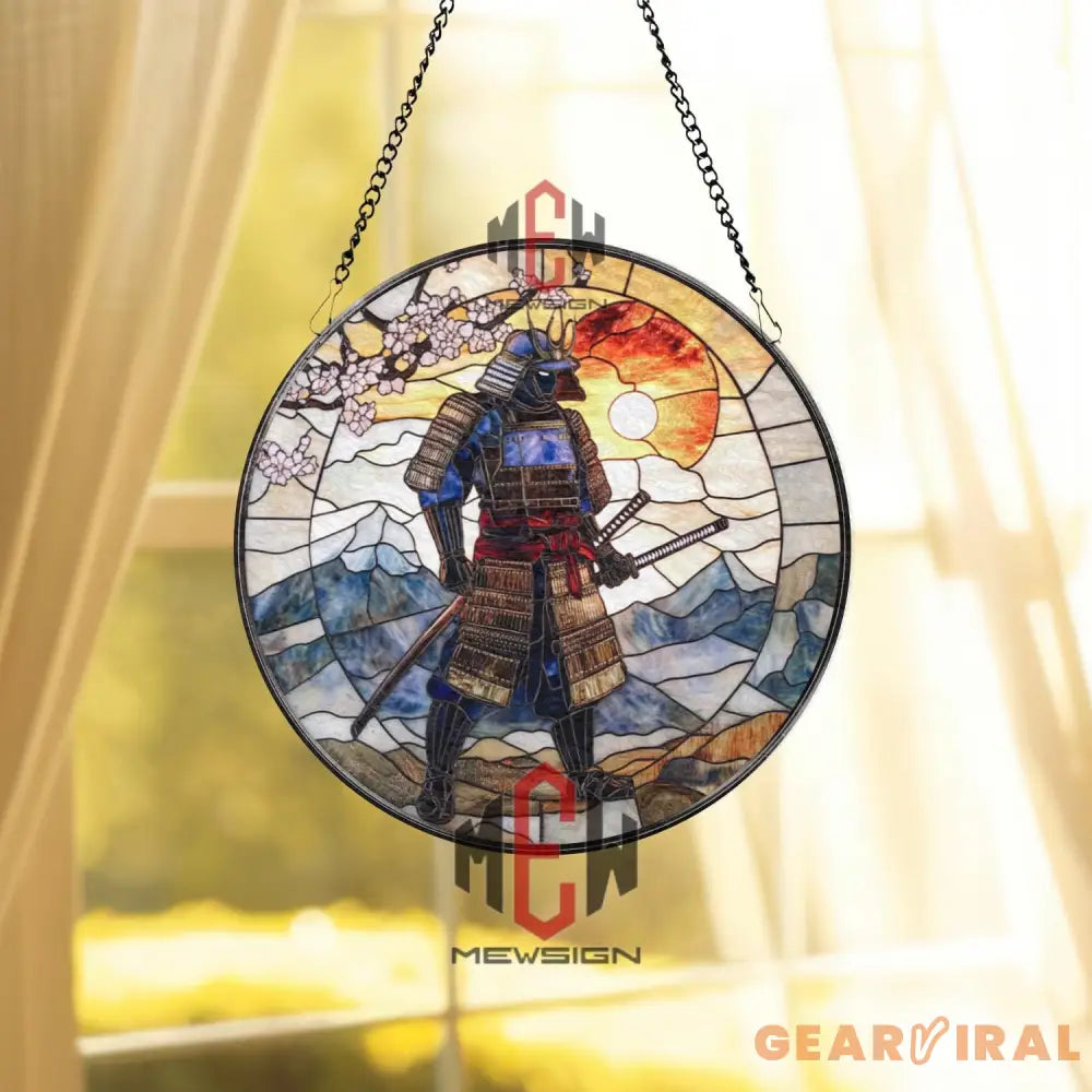 Samurai Stained Glass Suncatcher Japanese Warrior Window Hanging Katana Art Glass Panel Cherry Blossom Decor Zen Gift