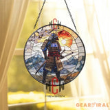 Samurai Stained Glass Suncatcher Japanese Warrior Window Hanging Katana Art Glass Panel Cherry Blossom Decor Zen Gift