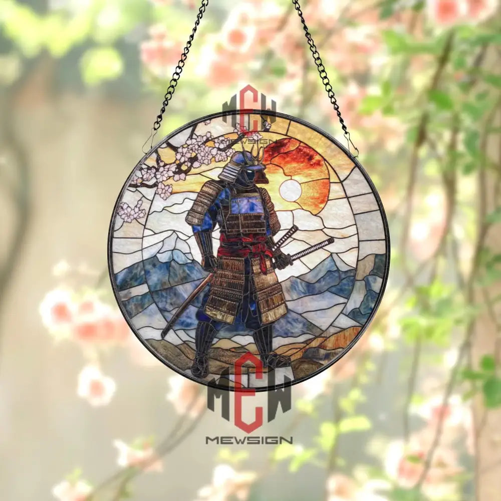 Samurai Stained Glass Suncatcher Japanese Warrior Window Hanging Katana Art Glass Panel Cherry Blossom Decor Zen Gift