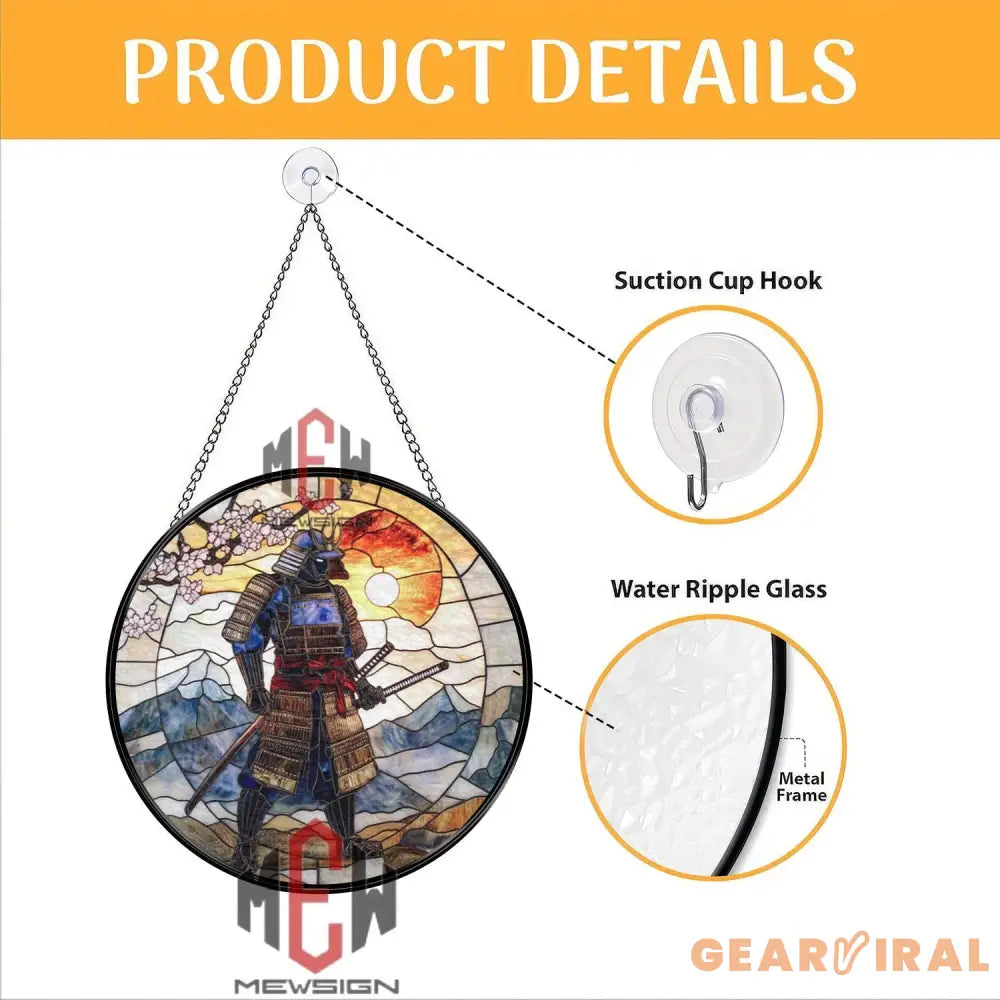 Samurai Stained Glass Suncatcher Japanese Warrior Window Hanging Katana Art Glass Panel Cherry Blossom Decor Zen Gift
