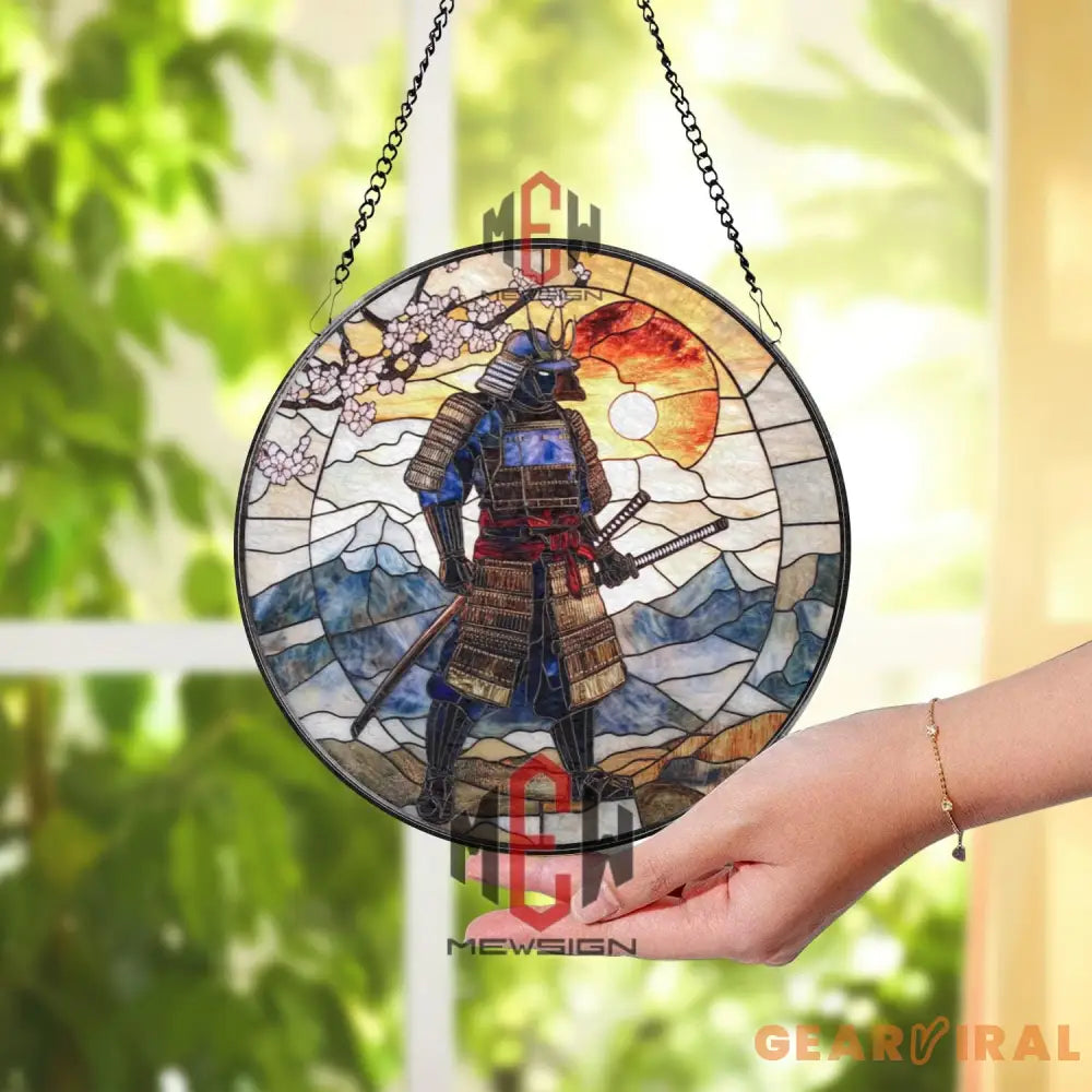 Samurai Stained Glass Suncatcher Japanese Warrior Window Hanging Katana Art Glass Panel Cherry Blossom Decor Zen Gift