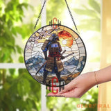 Samurai Stained Glass Suncatcher Japanese Warrior Window Hanging Katana Art Glass Panel Cherry Blossom Decor Zen Gift