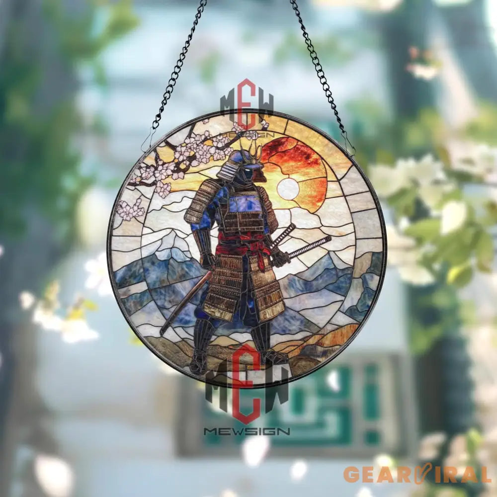 Samurai Stained Glass Suncatcher Japanese Warrior Window Hanging Katana Art Glass Panel Cherry Blossom Decor Zen Gift