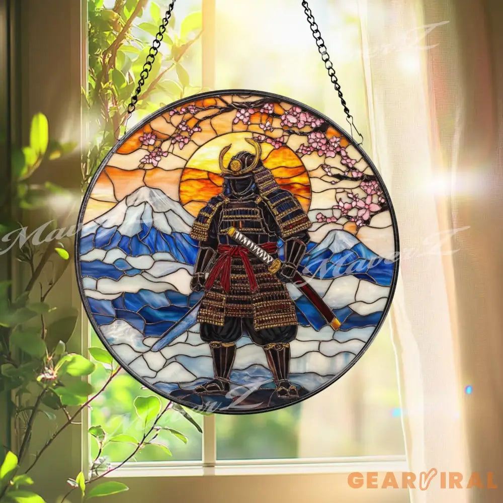 Samurai Warrior Stained Glass Suncatcher Mount Fuji Window Hanging Rising Sun Glass Art Japanese Bushido Decor Zen Gift