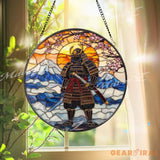 Samurai Warrior Stained Glass Suncatcher Mount Fuji Window Hanging Rising Sun Glass Art Japanese Bushido Decor Zen Gift