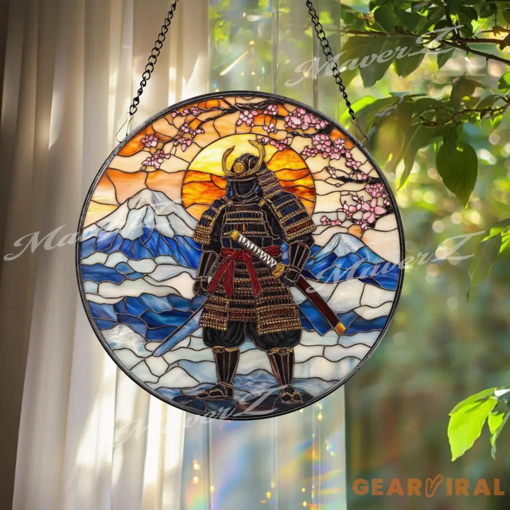 Samurai Warrior Stained Glass Suncatcher Mount Fuji Window Hanging Rising Sun Glass Art Japanese Bushido Decor Zen Gift