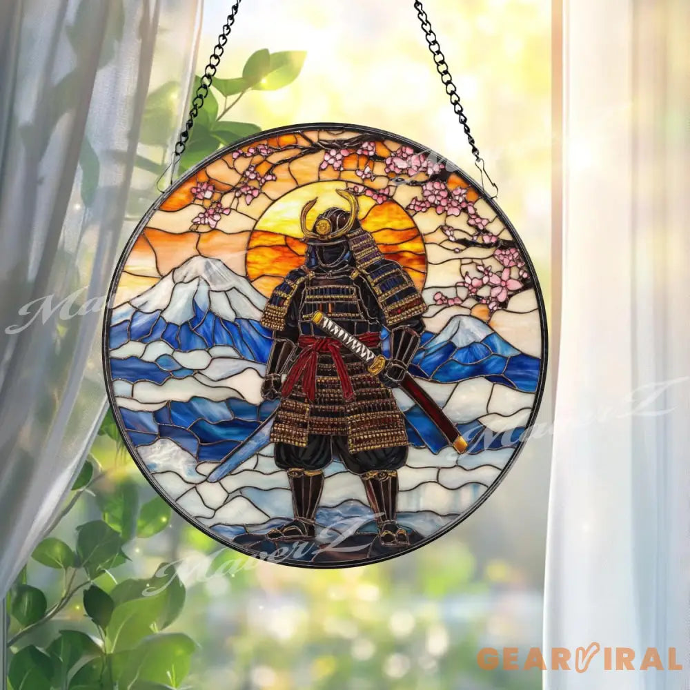 Samurai Warrior Stained Glass Suncatcher Mount Fuji Window Hanging Rising Sun Glass Art Japanese Bushido Decor Zen Gift
