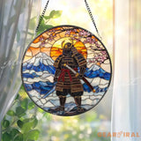 Samurai Warrior Stained Glass Suncatcher Mount Fuji Window Hanging Rising Sun Glass Art Japanese Bushido Decor Zen Gift
