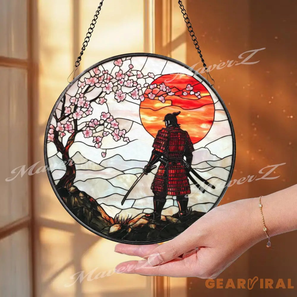Samurai Warrior Stained Glass Suncatcher with Cherry Blossoms and Red Sunset Traditional Japanese Window Art Zen