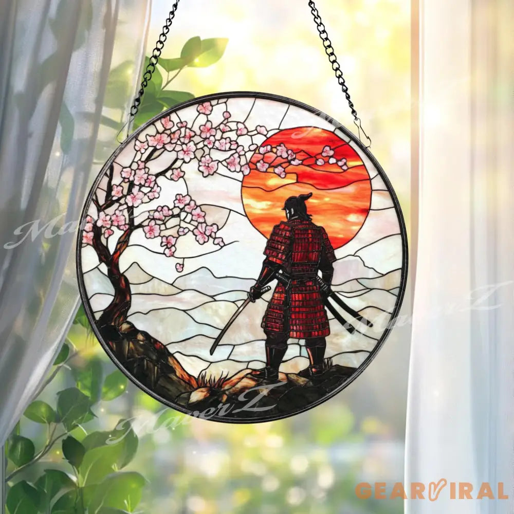 Samurai Warrior Stained Glass Suncatcher with Cherry Blossoms and Red Sunset Traditional Japanese Window Art Zen