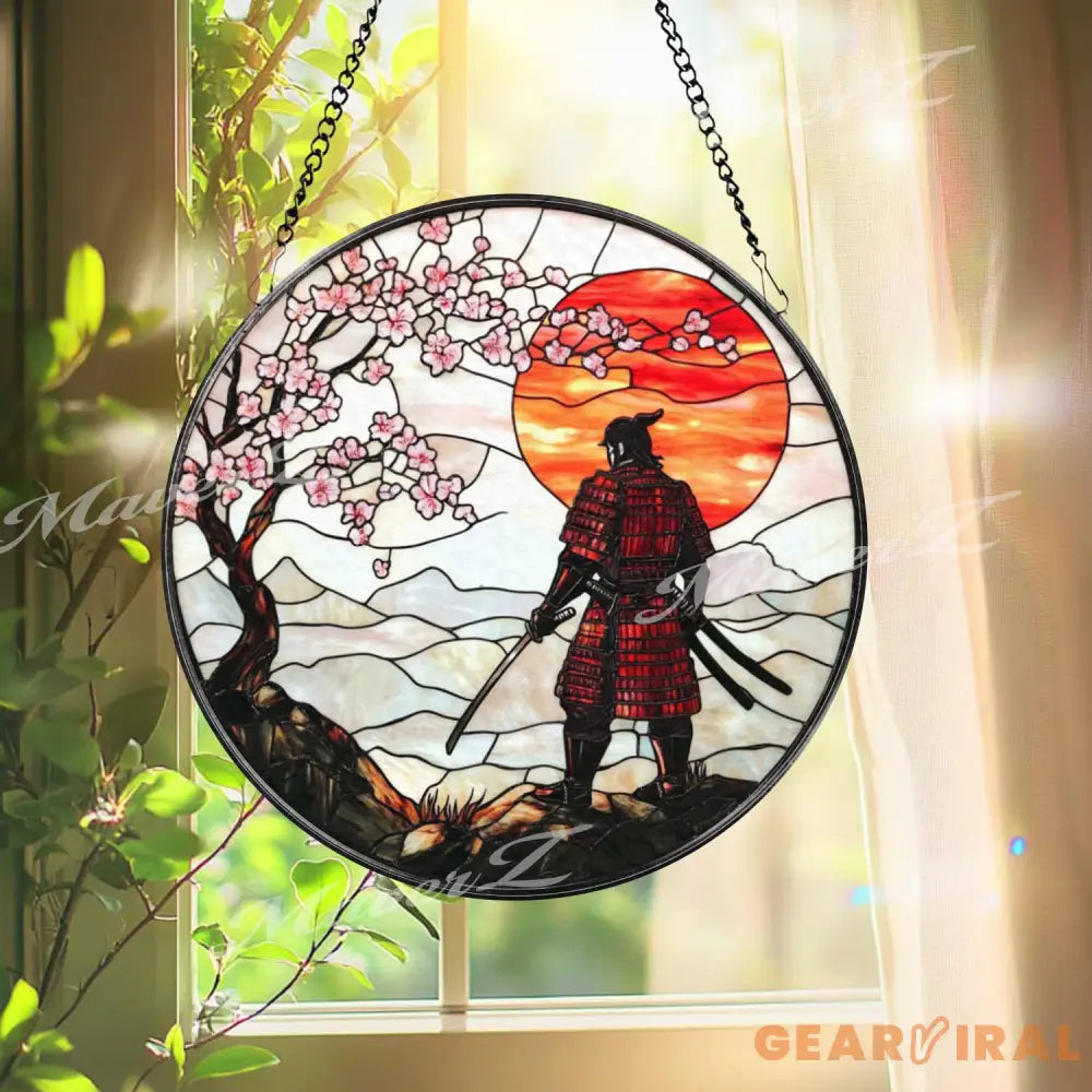 Samurai Warrior Stained Glass Suncatcher with Cherry Blossoms and Red Sunset Traditional Japanese Window Art Zen