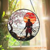 Samurai Warrior Stained Glass Suncatcher with Cherry Blossoms and Red Sunset Traditional Japanese Window Art Zen