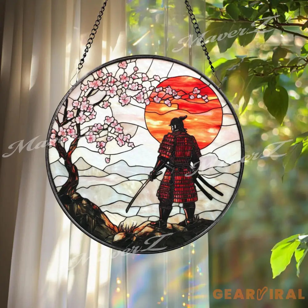 Samurai Warrior Stained Glass Suncatcher with Cherry Blossoms and Red Sunset Traditional Japanese Window Art Zen