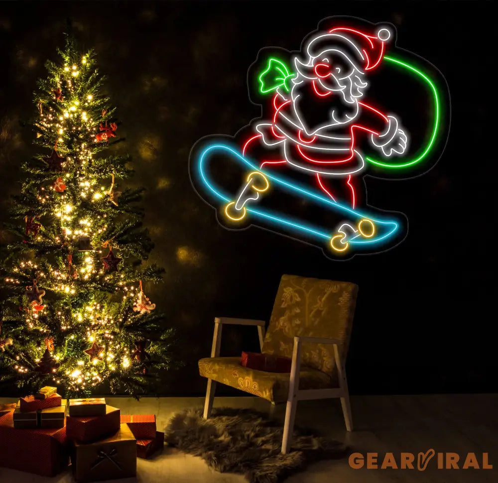 Santa Claus Skatebroading Neon Sign Christmas Led Sign Santa Led Light Merry Christmas Neon Light Christmas Decoration