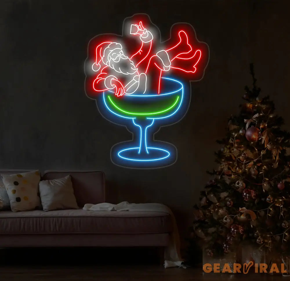 Santa Drinking Martini Neon Sign - Merry Christmas LED Light Santa Claus Neon Sign Martini Cocktail Wall Art Festive